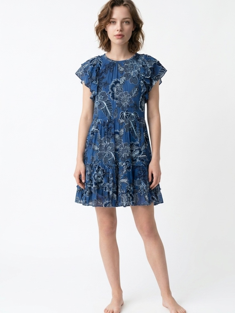 LOVE THE LABEL | REVOLVE Blue Floral Ruffle-Sleeve Mini Dress Women’s Size Small